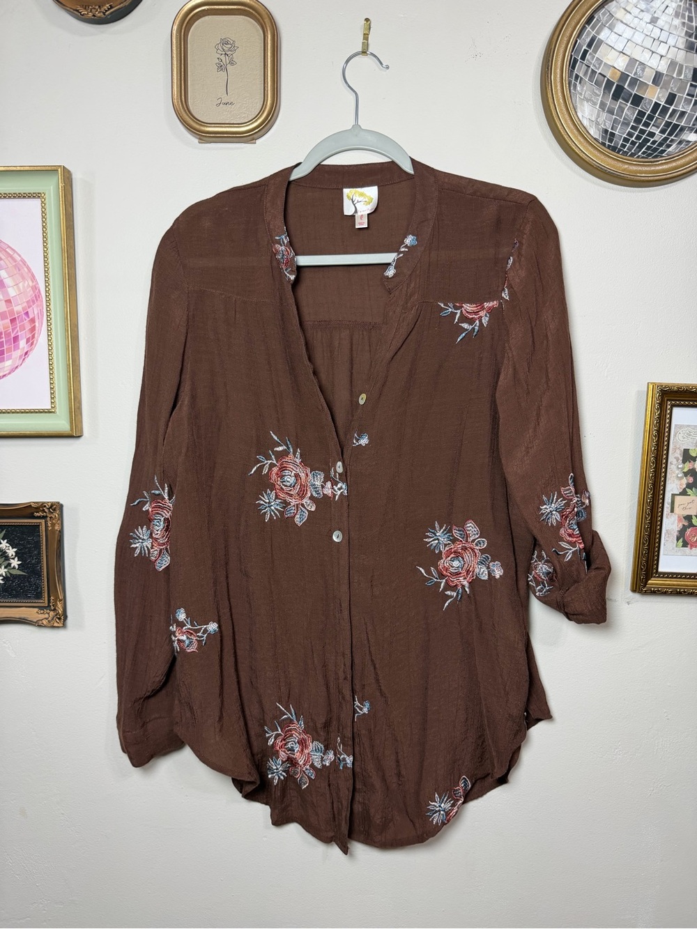 fig and flower Brown Floral Button-Front Tunic